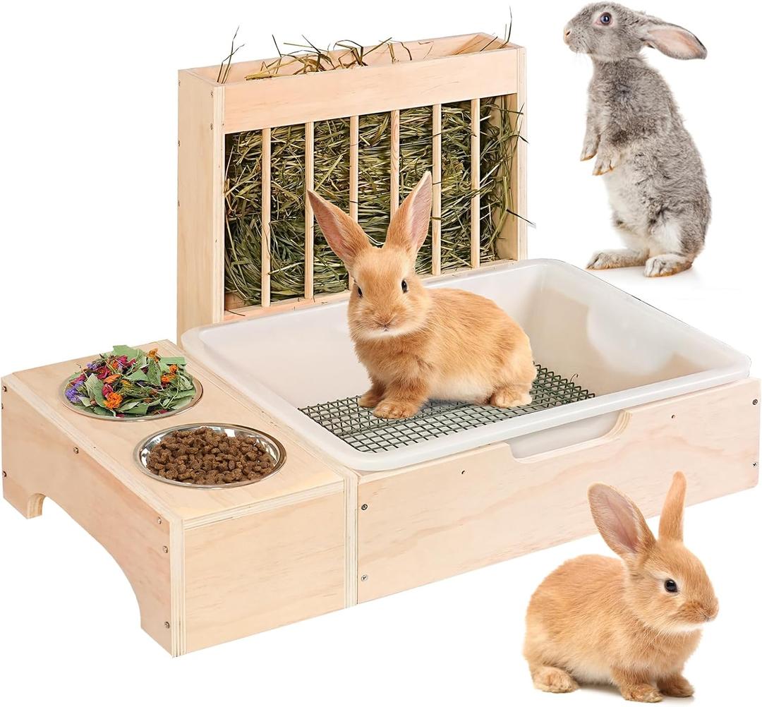 3 in 1 Extra Large Rabbit Hay Feeder with Litter Box, Wooden Bunny Toilet, for Large and Medium-Sized Dwarf Rabbit, Guinea Pig, Chinchillas, Hamster, Ferret, Other Animals (Enormous, brown)
