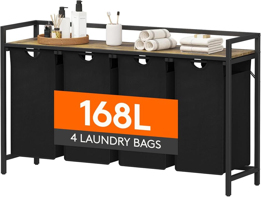 Lifewit Laundry Hamper 4 Section, 168L Pull out Laundry Clothes Basket Organizer with Large Top Shelf and 4 Removable Bags and Handles for Laundry Room Bedroom Bathroom, Black with A Shelf
