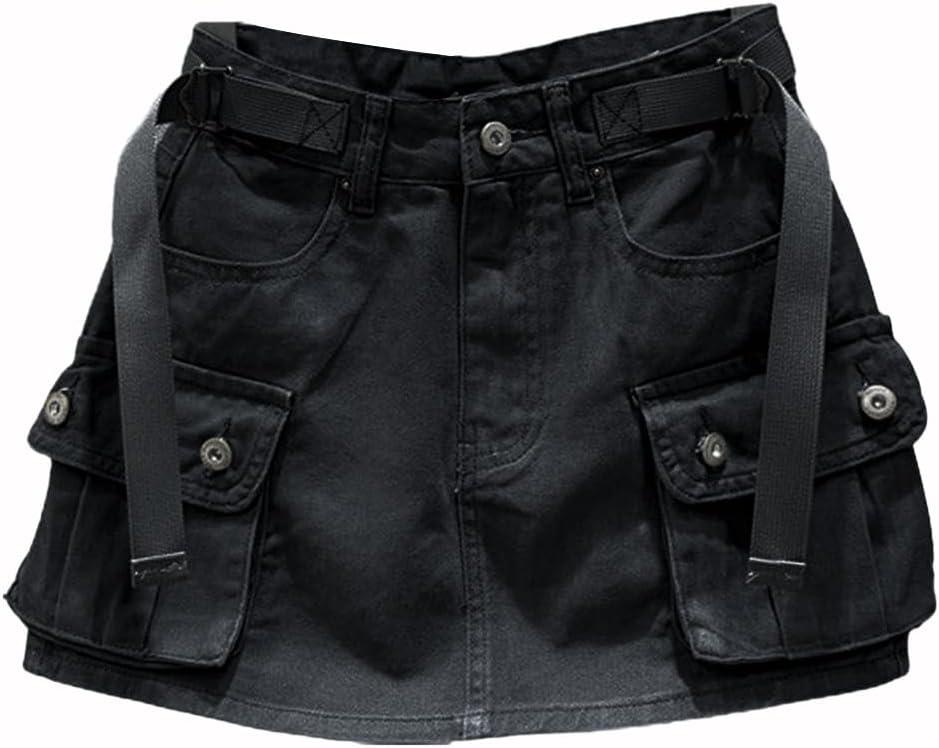 Kinghua Womens Mini Cargo Skirt Low Waist Y2k Short Denim Jean Skirt (Large, Black)