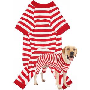 Dog Christmas Pajamas for Large Dogs, Cotton Thermal Dog Pjs Jumpsuit with Cover Legs Christmas Puppy Clothes, Striped Onesie Suit for Small Medium Large Dogs (XXX-Large, Red white)