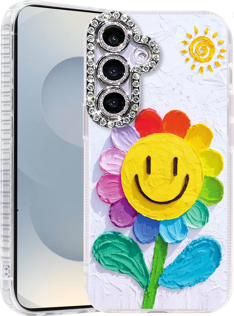 Compatible with Samsung Galaxy S24 Plus & S25+ Case,with [Shockproof Protective][Camera Protection]Cute Rainbow Flower Aesthetic Phone Cover Anti-Yellowing Soft Slim Cover for Women Girl-White