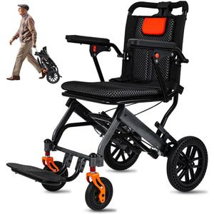 20lbs Transport Wheelchair Lightweight Foldable, Carbon Fiber Coating, 10" Honeycomb Wheels, 220lb Capacity, 16.2" Seat, Pull Rod, Portable for Travel & Transfer Scenarios (Black)