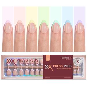 Beetles French Tip Press On Nails 224 Pcs 7 Colors, Short Almond Classic Fake Nail Tips, Pastel Romance Macaron Soft Gel Nails False Nails Art DIY For Women
