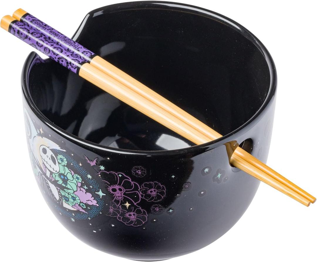 Silver Buffalo Disney Nightmare Before Christmas Jack Skellington Ceramic Ramen Noodle Rice Bowl with Chopsticks, Microwave Safe, 20 Ounces