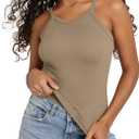ODODOS Women's Seamless Cami Top - Ultra Soft Ribbed Tank Scoop Neck Slim Fit Summer Sleeeve Shirts, 1-Pack, Taupe, Large 