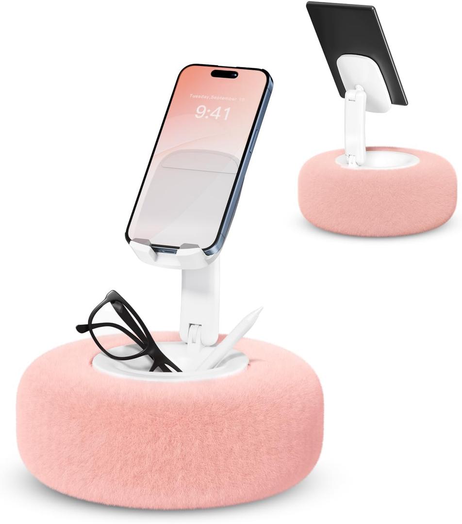 Phone Stand with Pillow, Adjustable iPhone Stand with Anti-Slip Strips, Fuzzy Tablet Holder Compatible with 4"-7" Devices, Including iPhone, iPad, Kindle, and Android (Pink)