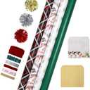 LaRibbons Christmas Wrapping Paper Sets, Classic Reindeer & Plaid Design With Ribbons & Gift Tags & Metallic Pom Pom, Perfect for Xmas, Holiday Party, 30Inch × 10Feet（ 4 Rolls: 100 Sq.Ft.Ttl）