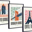 CILFFVI 12"x16" Framed Canvas Prints Set of 3 Travel Posters Featuring Eiffel Tower, Brooklyn Bridge & Tower Bridge Modern Vintage Wall Art for Living Room, Office & Bedroom Decor