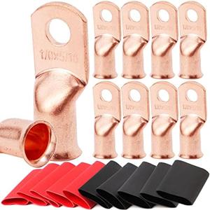 TKDMR 10pcs 1/0 AWG-5/16 Battery Lugs, Heavy Duty Wire Lugs, Ring Terminals, Battery Cable Ends,0 Gauge terminals, Battery Terminal Connectors with 10pcs 3:1 Heat Shrink Tubing, Copper
