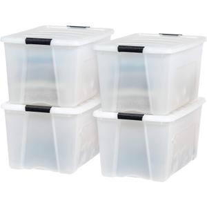 IRIS USA 72 QT Plastic Storage Box with Lid and Latches - 4 Pack - BPA-Free, Discreet Organizing Solution, Durable Nestable Stackable Containers, Secure Pull Handle - Pearl
