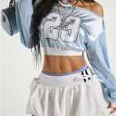 MakeMeChic Women's Y2K Jersey Top Number Print Asymmetrical Pullover Sweatshirt (Blue, L)