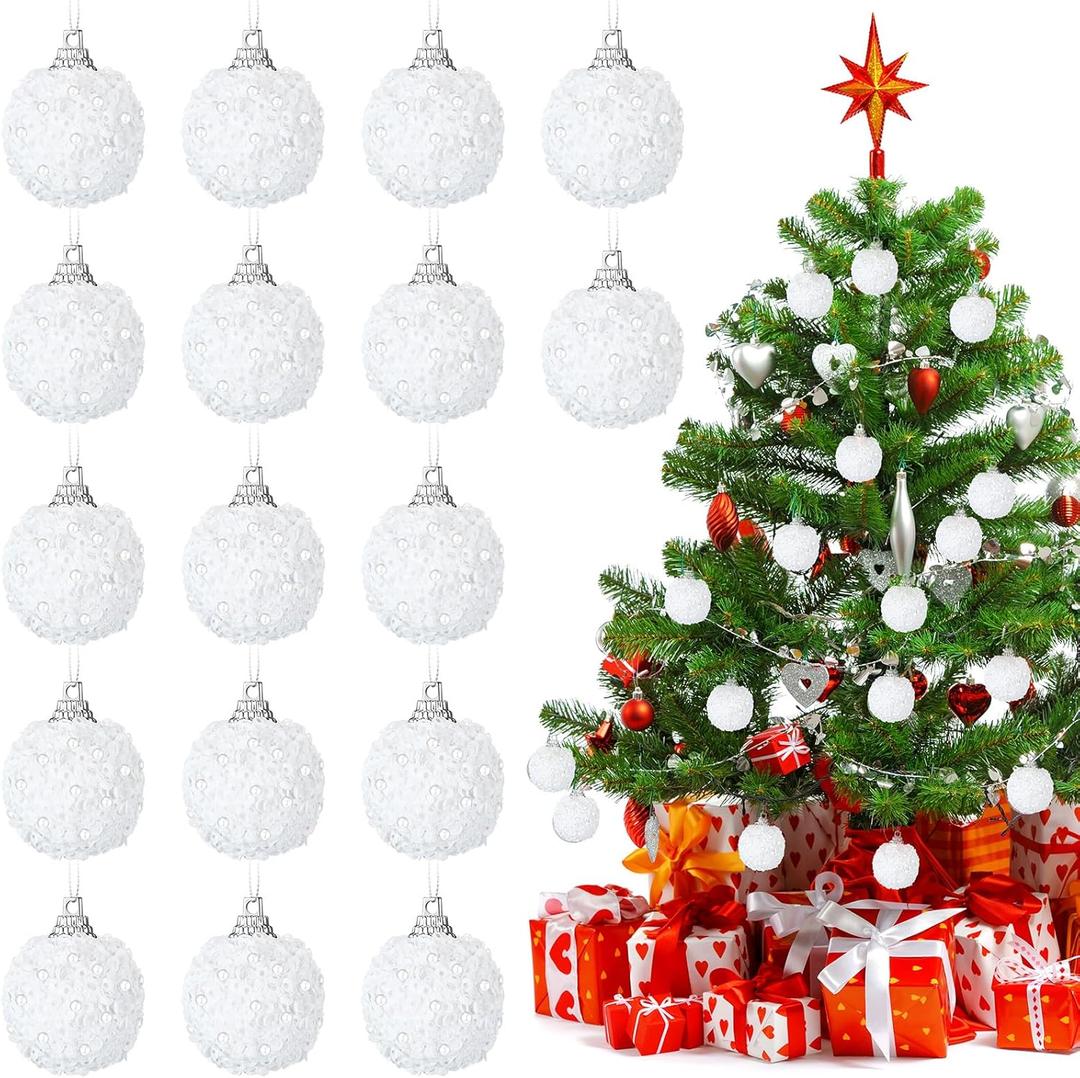 Liliful 48 Pcs 1.18 Inch Mini Christmas Ball Ornaments Christmas Tree Ornament Glitter Sequin Foam Ball Ornaments Xmas Hanging Decoration for New Year Holiday Wedding (White)