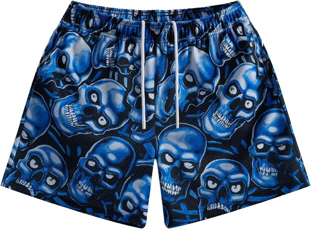 MECH-ENG Men's Graphic Print Mesh Athletic Shorts Basketball Streetwear Lightweight Drawstring Shorts with Pockets (Blue, M)