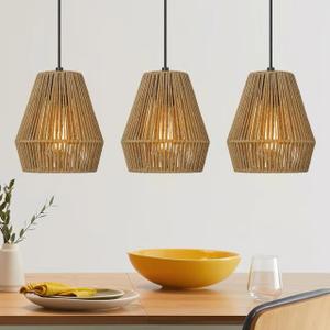 ELYONA 3 Pack Woven Pendant Lights, 7 Modern Boho Hanging Lamp with Handwoven Woven Rattan Shade, Adjustable Farmhouse Coastal Pendant Light Fixtures for Kitchen Island,Dining Room,Bar, Foyer Hallway (7" 3 Pack)