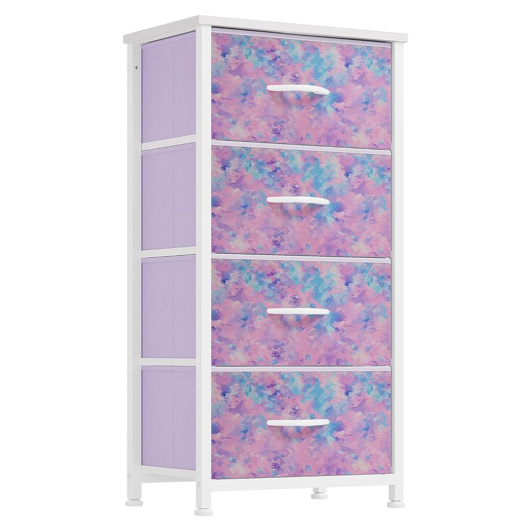 DWVO Dresser with 4 Drawers - Storage Tower Unit, Dresser for Bedroom, Living Room, Closets - Sturdy Steel Frame, Wooden Top & Easy Pull Fabric Bins, Purple