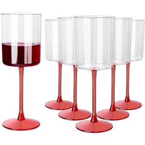 Ciaell 12 Pack 10 Oz Clear Plastic Wine Glasses with Red Stem - Disposable Cocktail Goblets Perfect for Parties & Weddings & Poolside & Outdoors & Camping & Party
