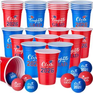 Chuangdi 30 Pieces Graduation Party Game Set 16 oz Blue and Red Class of 2026 Plastic Cups with 8 Pcs Congrats Grad Balls for 2026 Graduation High School College Grad Game Party Decorations Supplies