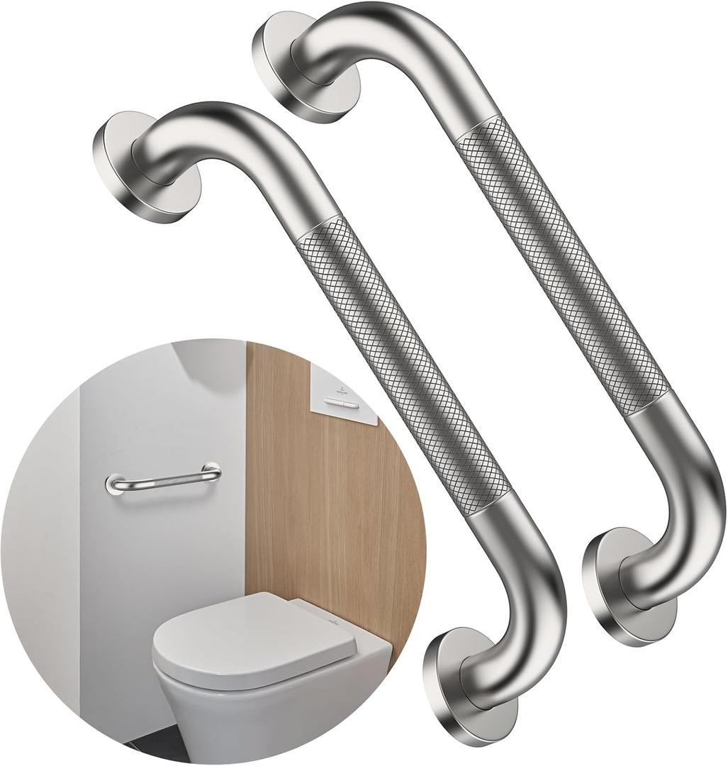 12 Inch Anti Slip Shower Safety Bars,Munzong 2 Pack Bathroom Grab Bars for Bathtubs and Showers,Brushed Nickel Knurled Handicap Balance Bar,Safety Hand Rail Support Elderly Senior Bath Handle