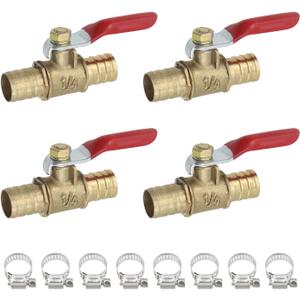 Antrader 4 Pcs Forged Brass Ball Valve Mini Shut Off Switch with Hose Clamps, 1/2" Hose Barb x 1/2" Hose Barb, 180 Degree Operation Handle
