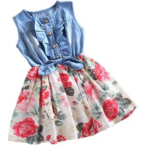 Csbks Girls Summer Sleeveless Floral Denim Dress Toddler Bow Casual Sundress (White, 160)