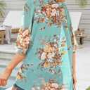 Women's Floral Print Puff Sleeve Kimono Cardigan Loose Cover Up Casual Blouse Tops (4X-Large, Aqua Blue)