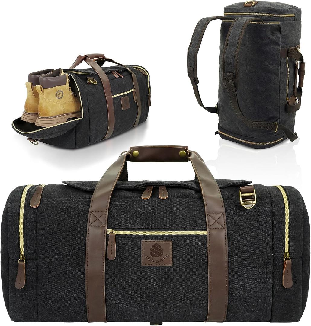 Duffle Bag for Travel, 50L Canvas Duffle Bag Vintage Travel Bag Overnight Bag with Shoes Compartment Men (Black)