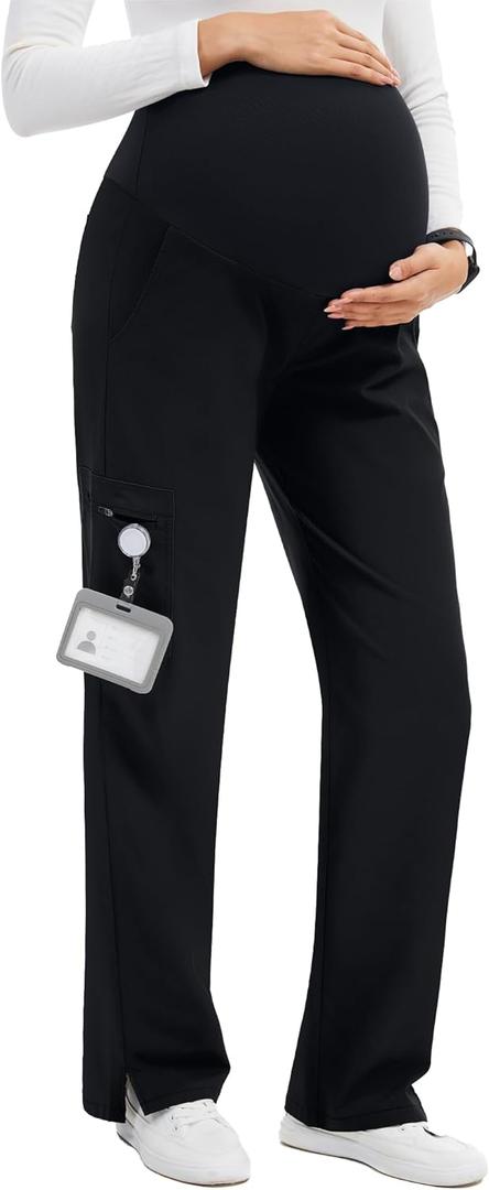 GLAMIX Women's Maternity Scrub Pants Stretchy Straight-Leg Medical Pants with 5 Pockets and Side Vents (XX-Large, Black)