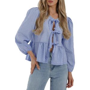 PRETTYGARDEN Women's Spring Fall Babydoll Peplum Blouse Shirt Puff Long Sleeve Bow Tie Front Trendy Cute Y2K Going Out Tops (Blue)