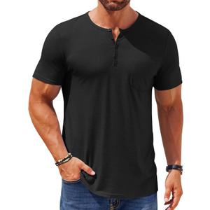 COOFANDY Mens Henley Shirts Short Sleeve Casual T Shirt Plain Slim Fit Henley Stylish Summer Tee Shirts with Pocket (Large, Black)