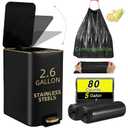 Small Bathroom Trash Can with Lid Soft Close, 10 Liter / 2.6 Gallon Stainless Steel Garbage Can with Removable Inner Bucket,80Count Compostable Trash Bags, Slim Step Pedal Trash Bins (Black and Gold 2)