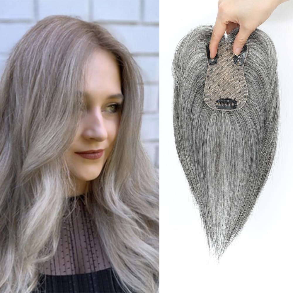 Hair Toppers for Women Real Human Hair 3603D Cover Toppers Hairpieces for Women with Thinning Crown Wispy Clip in Bangs Realistic Scalp Hairline (Grey, Side Bangs, (7 * 11)