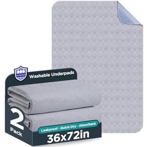 Washable Bed Pads 36" x 72" - 2 Pack, Grey, Waterproof Bed Pads for Incontinence, Bed Wetting Pads for Bed, Sofa, Floor, Resuable Underpads for Adults, Seniors, Pet