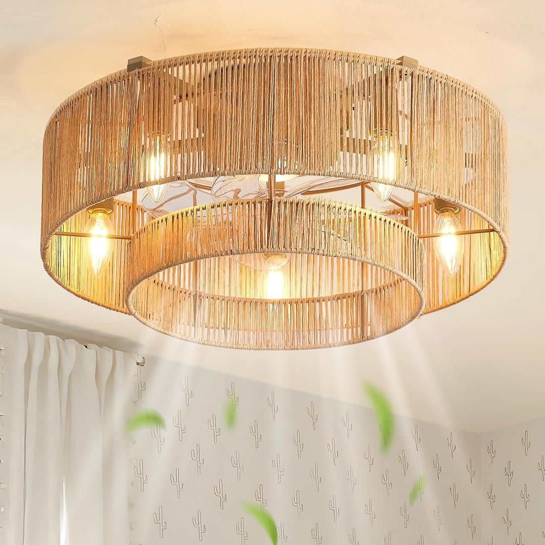 20'' Rattan Boho Ceiling Fan with Light, Enclosed Caged Ceiling Fans with Lights and Remote Control, Coastal Flush Mount with Reversible 6 Speeds for Living Room Bedroom Kitchen 20'' Rattan Boho Ceiling Fan with Light, Enclosed Caged Ceiling Fans with Lights and Remote Control, Coastal Flush Mount with Reversible 6 Speeds for Living Room Bedroom Kitchen