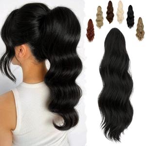 FELENDY 16" Ponytail Extension Long Curly Wavy Ponytails Clip in Claw Hair Extension Pony Tails Natural Looking Synthetic Hairpiece for Women Natural Black