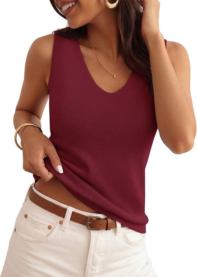 ZESICA Womens Summer Sleeveless Knit Vest Tops 2026 Casual V Neck Wool Blend Sweaters Going Out Tank Top Trendy Outfits Wine Large (Red, L)