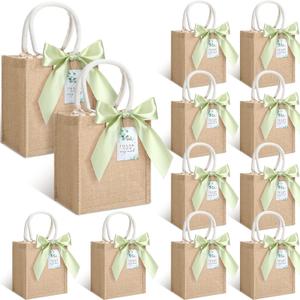Windyun 12 Pcs Burlap Tote Gift Bag with Handle, Reusable Gift Bag with Thanks Card and Ribbon for Wedding Bridesmaid Proposal Beach Party Grocery Shopping DIY Crafts (Green Silk Ribbon)