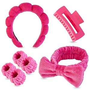 aqulen 7 Pcs Spa Set, Facial Headband, Spa Headband and Wristband Set, Skincare Headband, College Style Girl Gift, Hair Accessories for Women and Girls（Hot Pink）