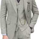3 x Retro Men's 3 Piece Suit Tweed Herringbone Slim Fit Suits Groomsmen Brown Tuxedos Set Prom Jacket Blazer Vest Pants for Men, XXL