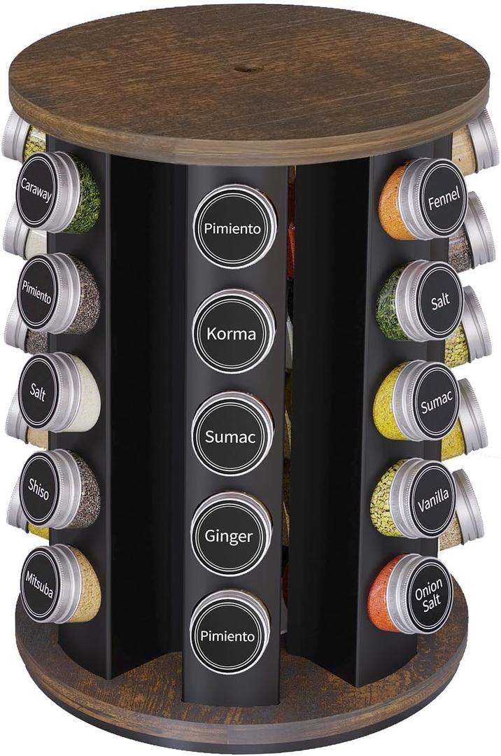 New England Stories Revolving Spice Rack Set with 35 Spice Jars, Kitchen Spice Tower Organizer for Countertop or Cabinet - Carousel Storage Includes 386 Spice Labels (Wood)