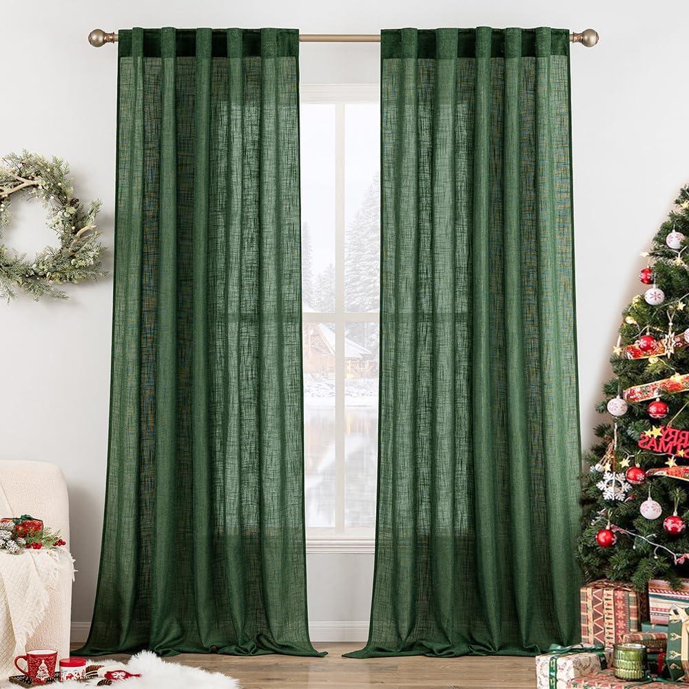 MIULEE Emerald Green Linen Curtains 84 Inch Length for Bedroom Living Room, Soft Thick Linen Textured Window Drapes Semi Sheer Light Filtering Back Tab Rod Pocket Burlap Look Christmas Decor, 2 Panels