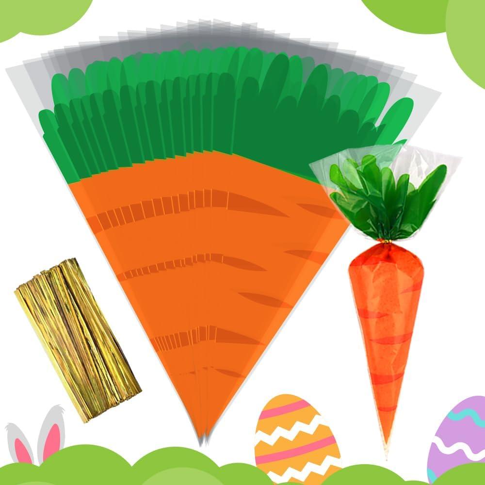 Threetols Easter Carrot Cone Cellophane Bags - Creative Shape Treat Candy Triangle Cello Orange With Twist Ties for Party Favor (100pcs)