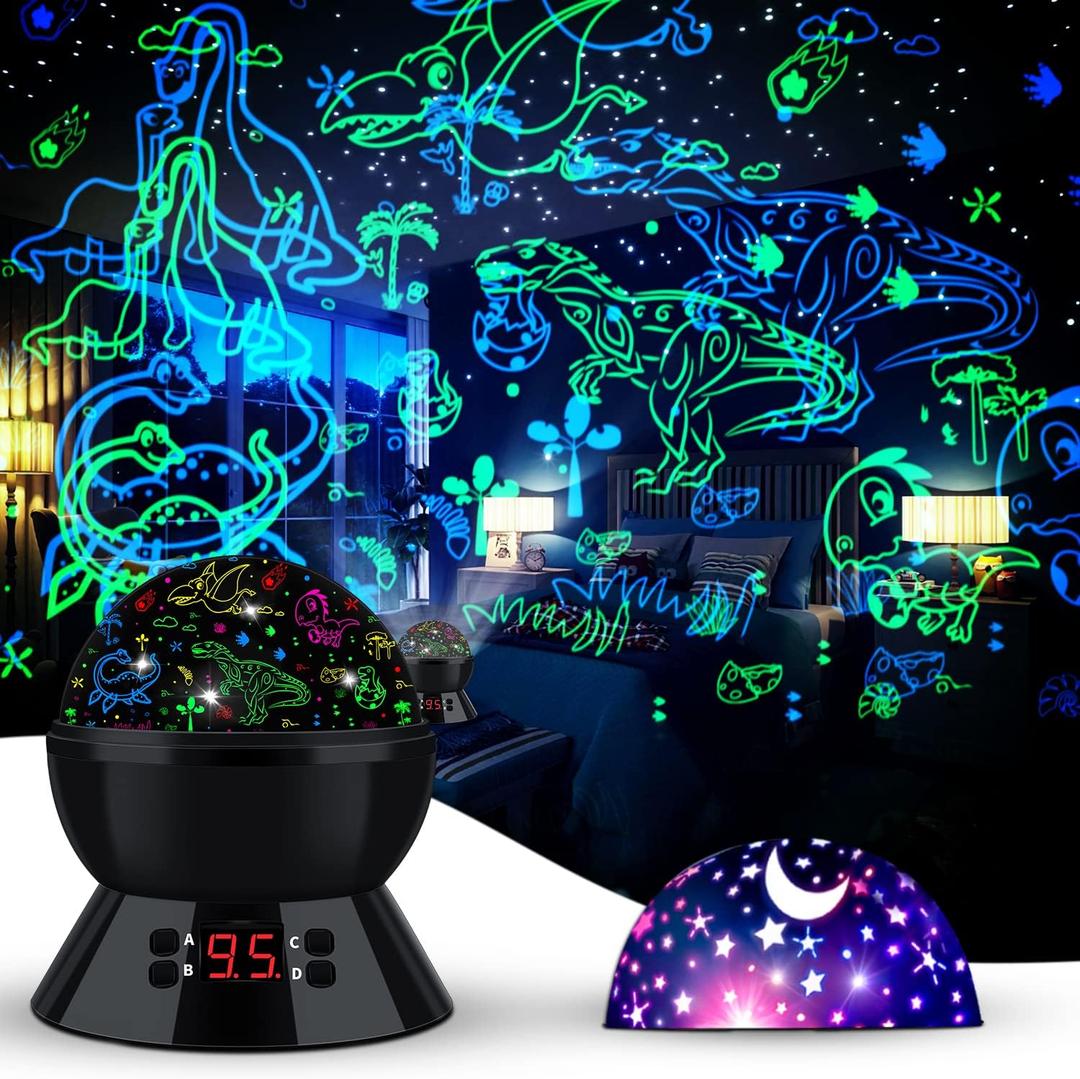 Dinosaur Night Light Projector for Kids, 360 Rotating Dino Projection Lamp Star Projector for Bedroom Ceiling, Toddler Night Light with Timer, Birthday Gift for Boys, Dinosaur Toys for Kids Ages 3-5 (Light Black-2)