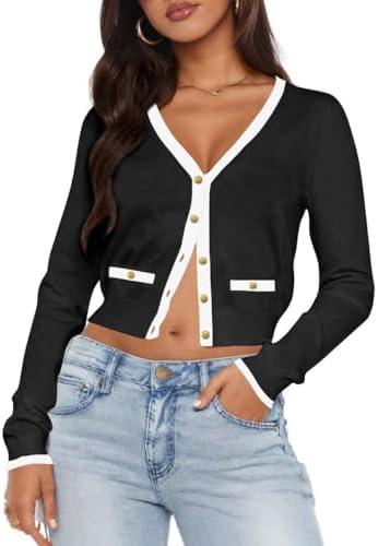 LEEDYA Women's Long Sleeve Cardigan Open Front Knit Cropped Sweaters Fall Color Block Button Down V Neck Lightweight Tops, Size L