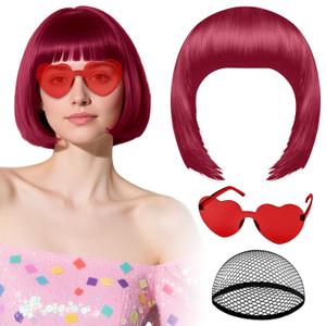PLULON Burgundy Bob Wig with Heart Sunglasses and Hair Cap for Women, Short Bob Wigs Synthetic Colored Funny Cosplay Hairpieces for Women Men Daily Bachelorette Halloween Costume Party Decorations