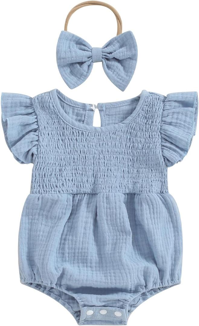 Newborn Baby Girl Clothes Ruffle Sleeve Solid Smocked Bubble Romper Jumpsuit Bow Headband Cute Summer Clothes (Blue)