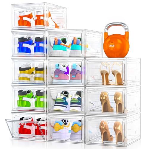 12 Pack Clear Shoe Storage Organizer with Magnetic Door,Stackable Plastic Shoe Boxes for Sneakers,Boots,and Heels,Space-Saving Foldable Shoe Rack for Closet,Durable Shoe Cabinet Organizer,White
