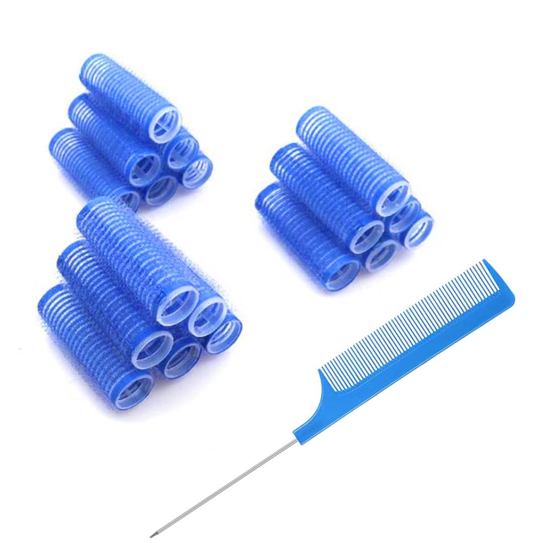 18PCS Self Grip Small Hair Curlers Heatless Roller Hair Curlers Pro Salon Hairdressing Curler DIY Curly Hairstyle Hair Rollers Tools Rat Tail Comb for Women Medium Short Hair(0.8 x 2.4 Inch) (dark blue)