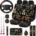 17 Pcs Mushroom Car Seat Covers Mushroom Car Accessories Full Set for Women Men Automotive Rear Front Seat Protector View Mirror Hanging Ornament Steer Wheel Belt Cover (Butterfly Mushrooms)