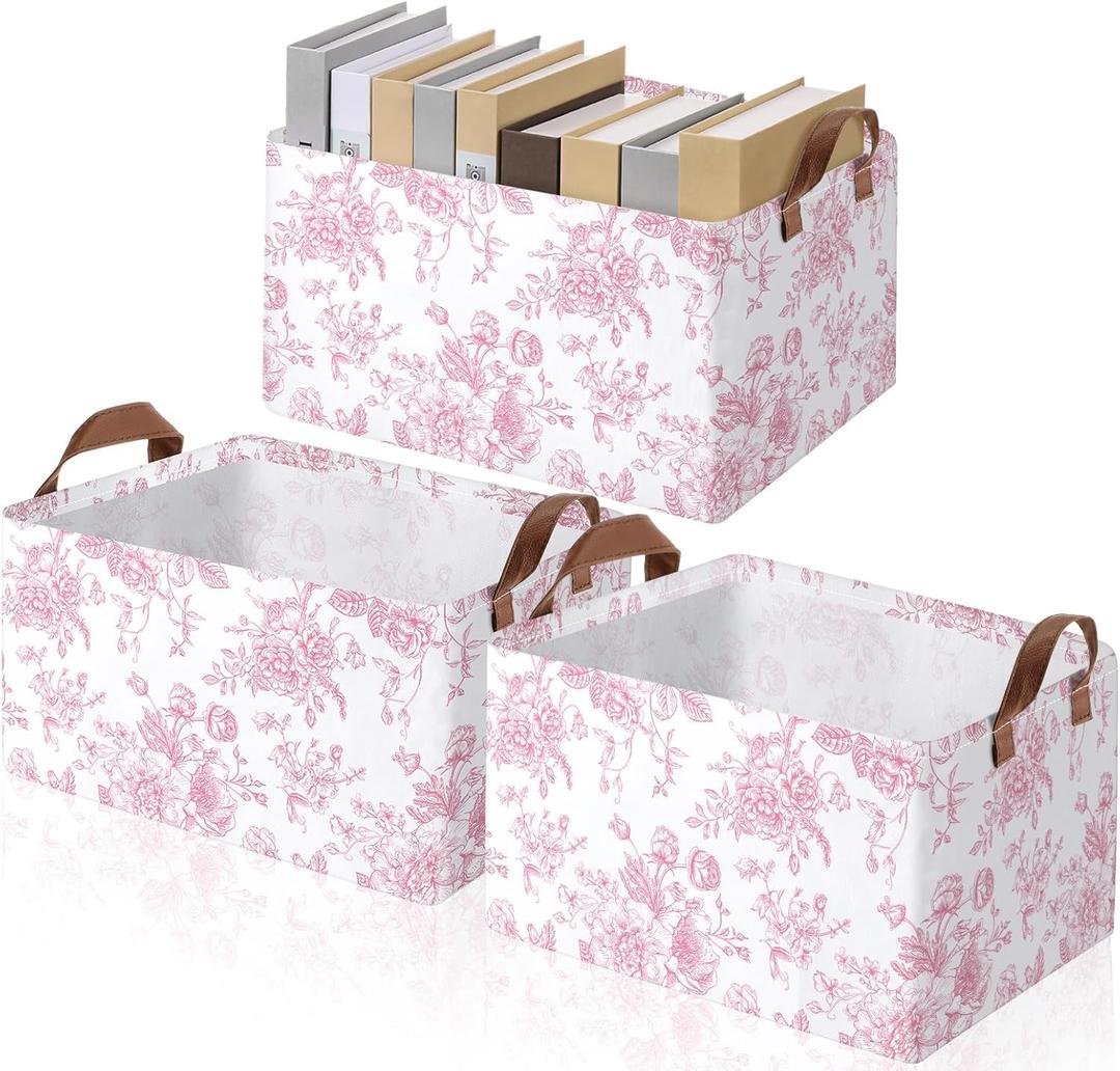 Boao 3 Pcs Pink Floral Foldable Storage Baskets Pink Hydrangea Laundry Basket with Handles Waterproof Storage Bins Fabric Shelf Baskets for Organizing Closet Clothes (15 x 11 x 8 Inches)