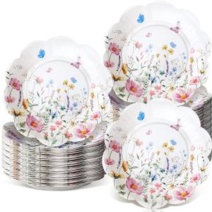 100 Pcs Wildflower Paper Plates Disposable Dessert Baby Bridal Shower Party Supplies Floral Dessert Plates Bulk Birthday Tea Party Serving Tray for Wedding Birthday
